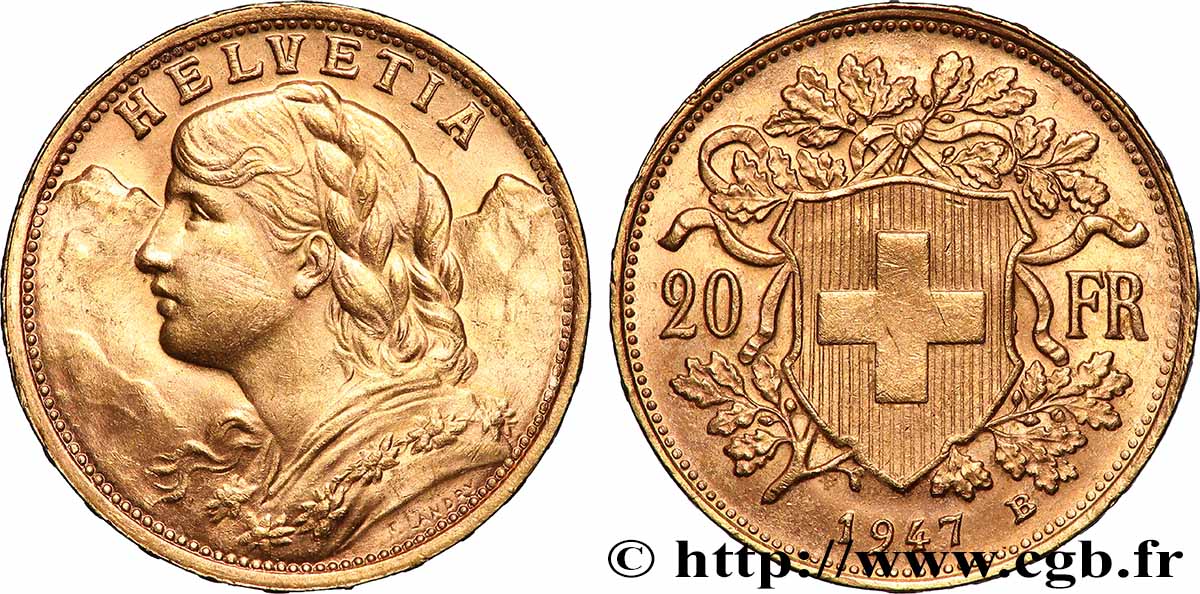 OR, PALLADIUM ET PLATINE INVESTISSEMENT 20 Francs or Vreneli 1947 Berne SUP