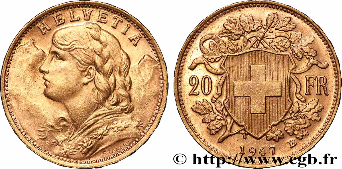 OR, PALLADIUM ET PLATINE INVESTISSEMENT 20 Francs or Vreneli 1947 Berne SUP