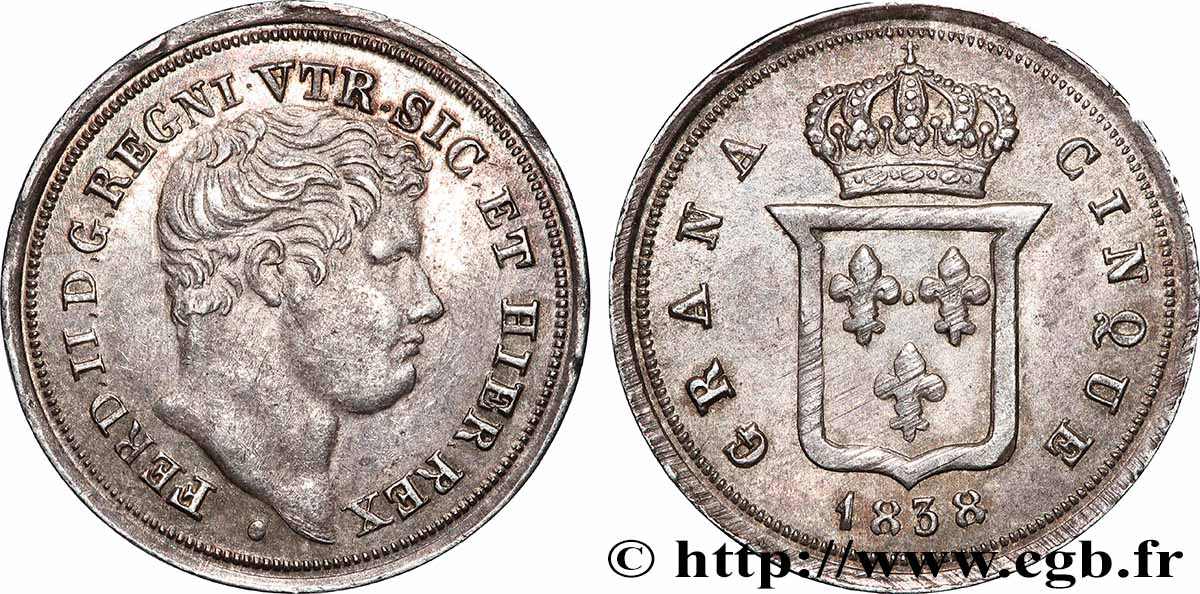 ITALIE - ROYAUME DES DEUX-SICILES 5 Grana Ferdinand II 1838 Naples SUP