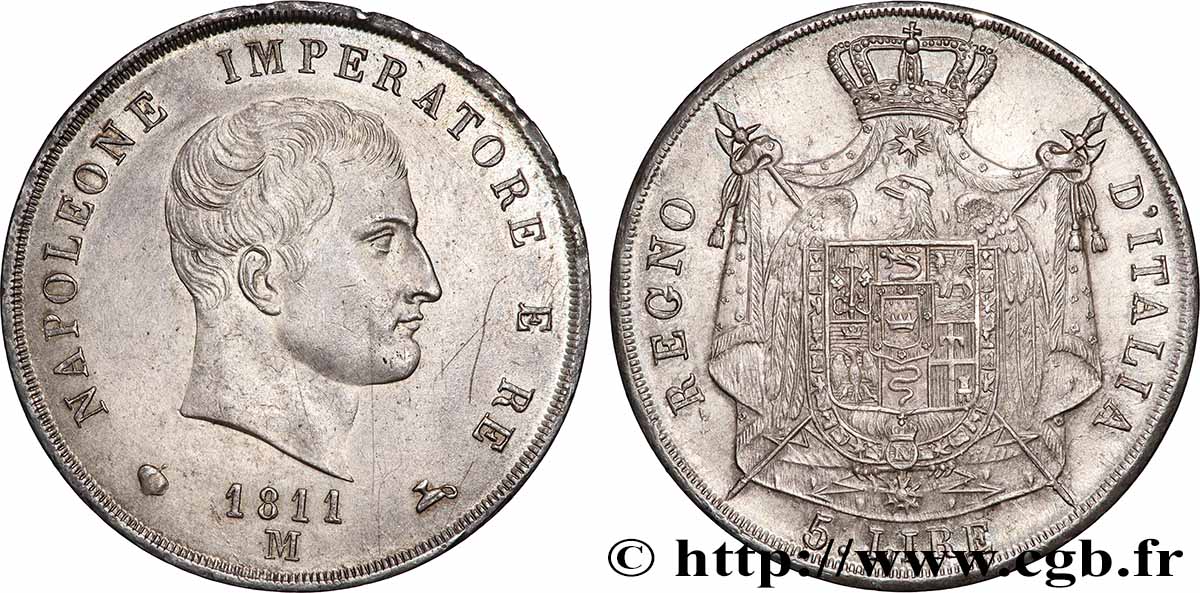 ITALY - KINGDOM OF ITALY - NAPOLEON I 5 Lire 1811 Milan AU
