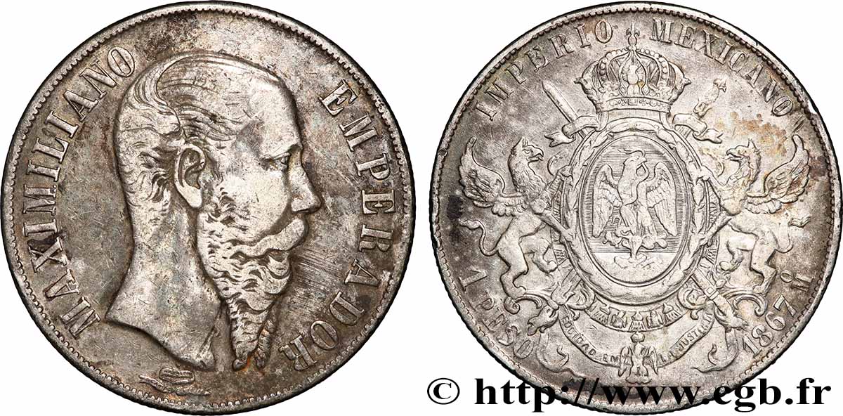MEXIQUE - MAXIMILIEN Ier 1 Peso 1867 Mexico VF