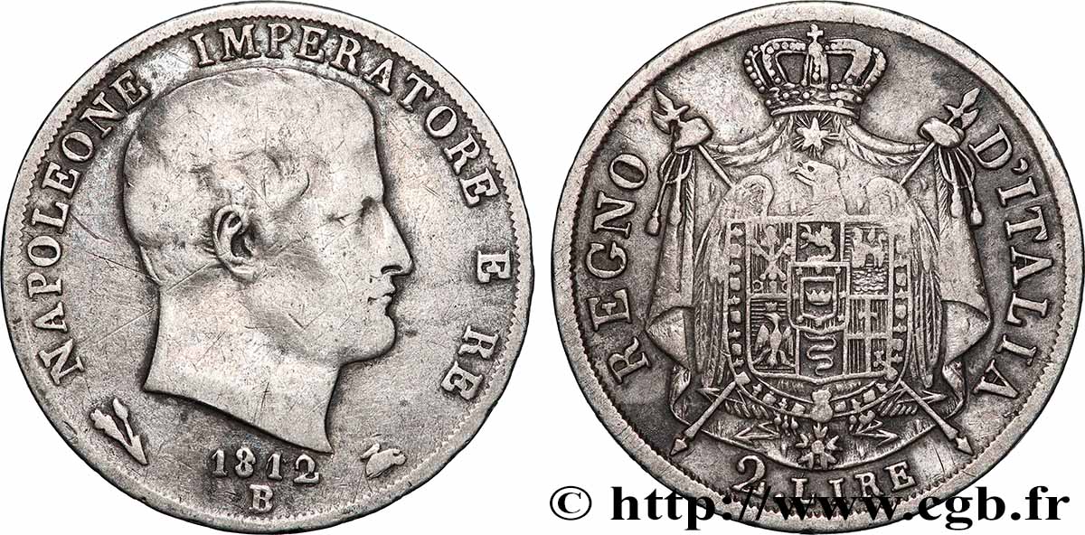 ITALY - KINGDOM OF ITALY - NAPOLEON I 2 Lire 1812 Bologne VF