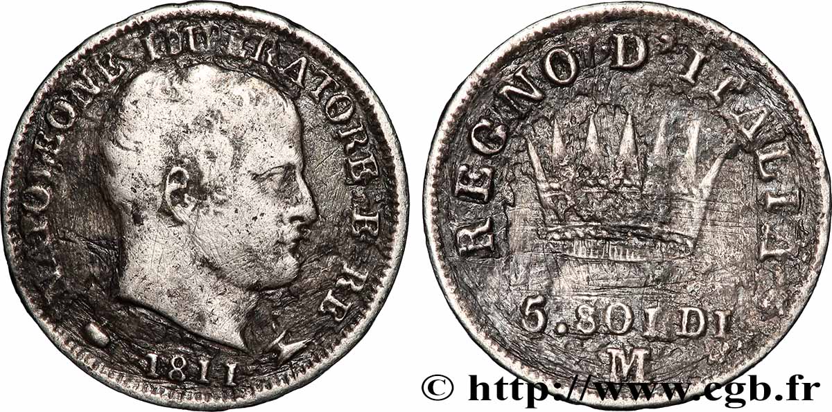 ITALIE - ROYAUME D ITALIE - NAPOLÉON Ier 5 Soldi Napoléon Empereur et Roi d’Italie 1811 Milan - M TB+