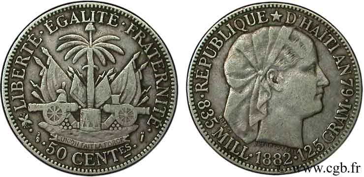 HAÏTI 50 Centimes emblème “Liberté créole” de Roty 1882 Paris TTB 