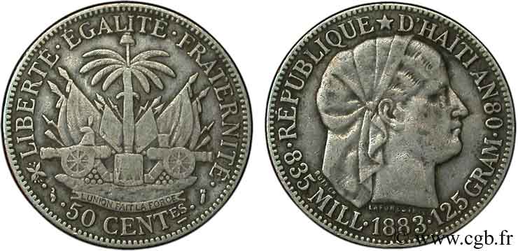 HAÏTI 50 Centimes emblème “Liberté créole” de Roty 1883 Paris TTB 