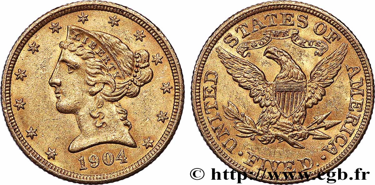 OR, PALLADIUM ET PLATINE INVESTISSEMENT 5 Dollars Liberty 1904 Philadelphie SUP