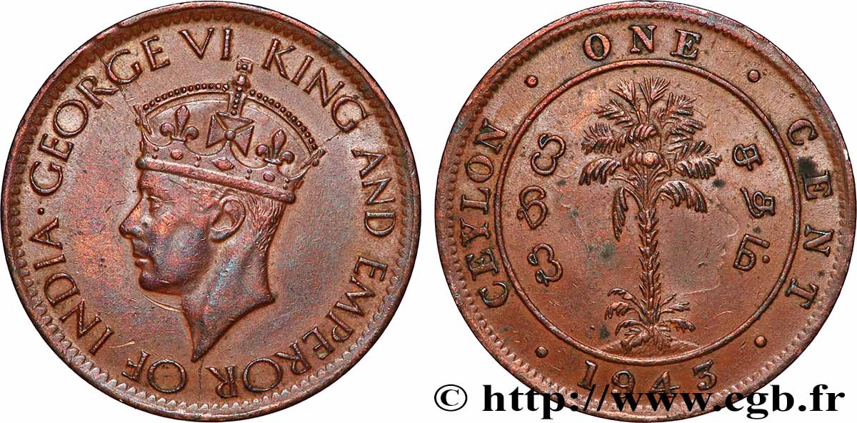 CEILáN 1 Cent Georges VI 1943 MBC+