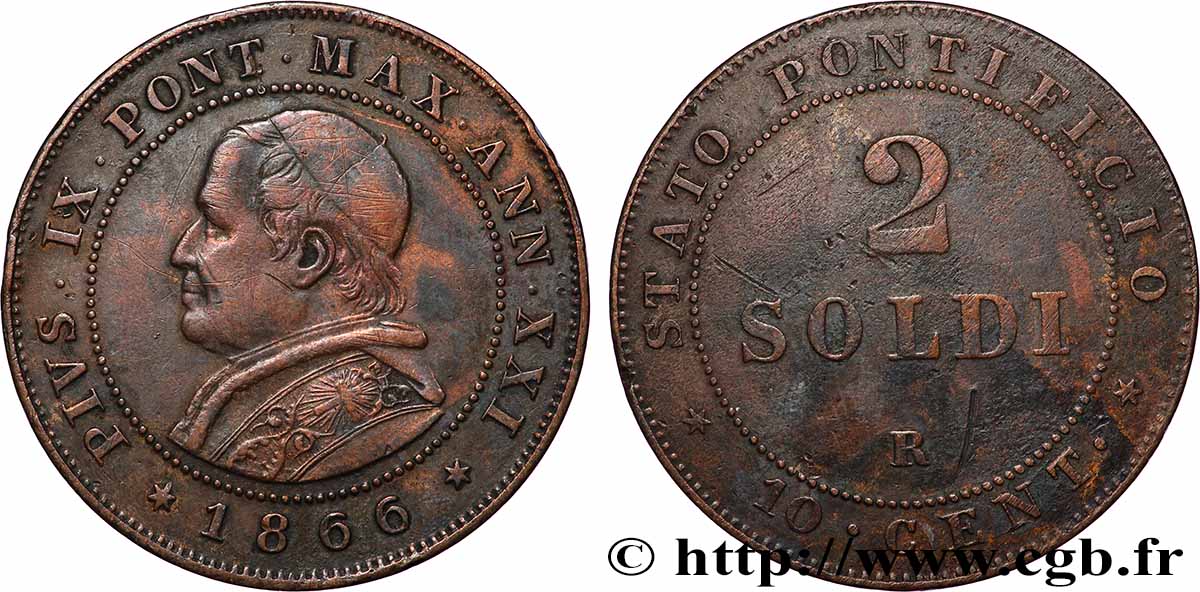 VATIKANSTAAT UND KIRCHENSTAAT 2 Soldi Pie IX an XXI 1866 Rome SS