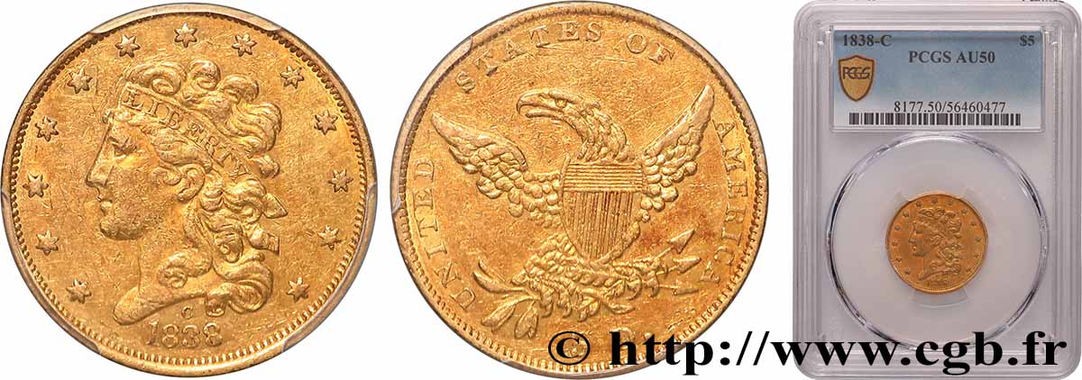 ÉTATS-UNIS D AMÉRIQUE 5 Dollars Liberty head 1838 Charlotte BB50 PCGS
