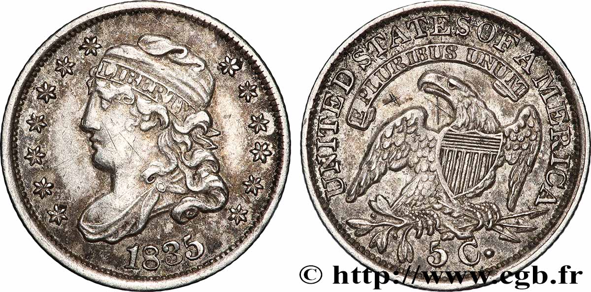 UNITED STATES OF AMERICA 5 Cents “capped bust” 1835 Philadelphie XF