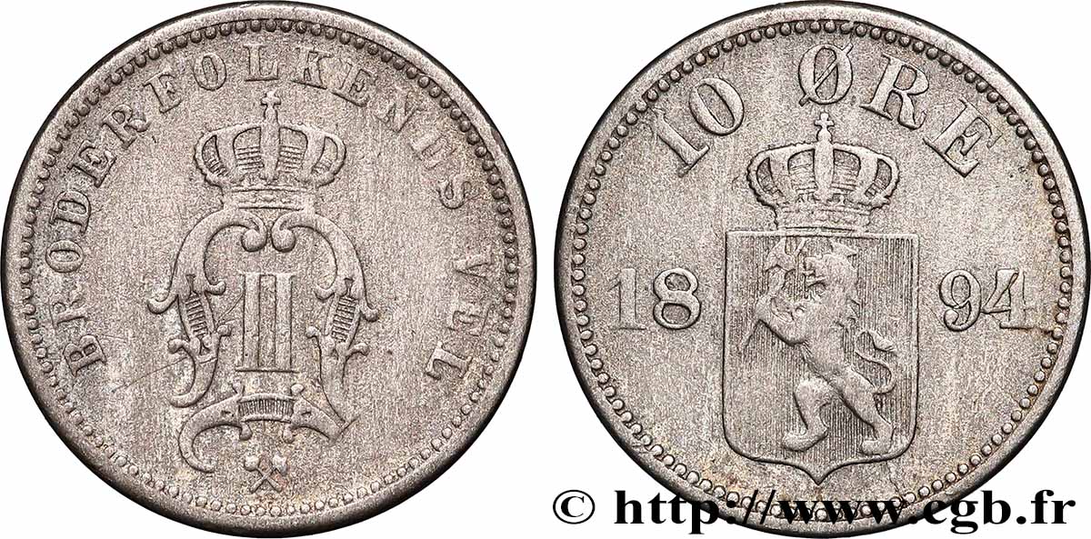 NORWAY 10 Ore Oscar II 1894 AU