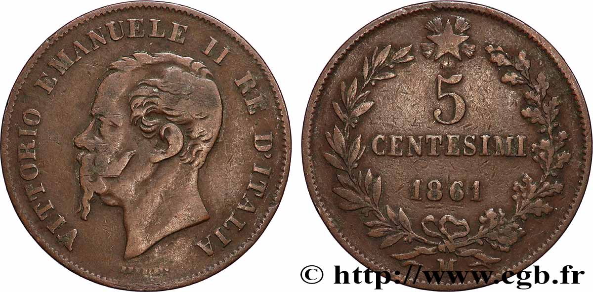 ITALIE 5 Centesimi Victor Emmanuel II 1861 Milan TTB