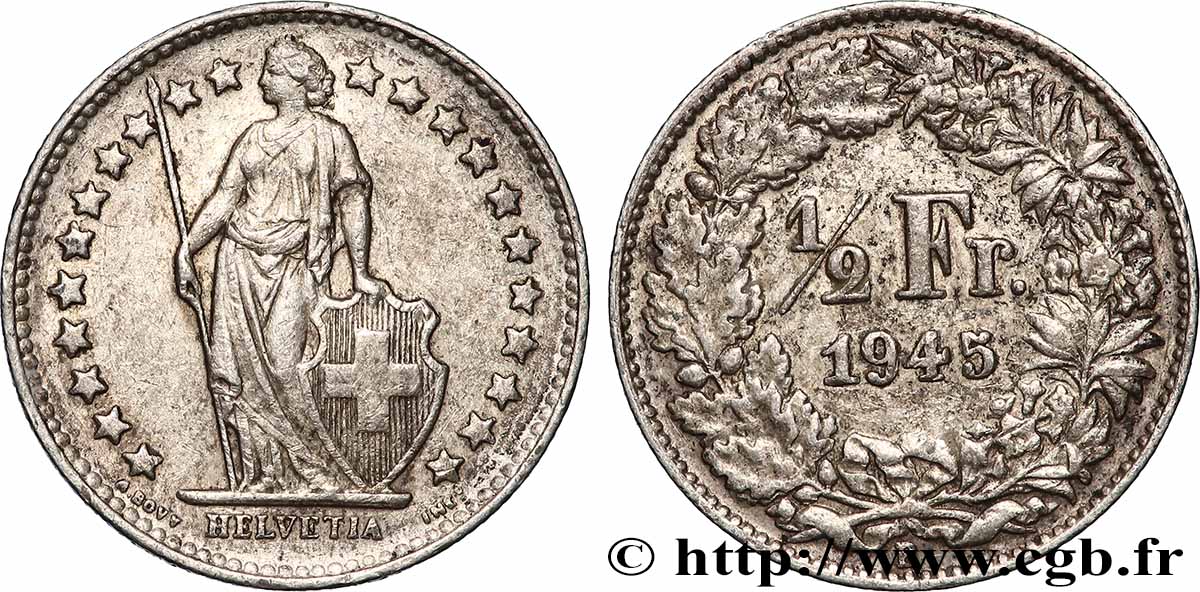 SVIZZERA 1/2 Franc Helvetia 1945 Berne q.SPL