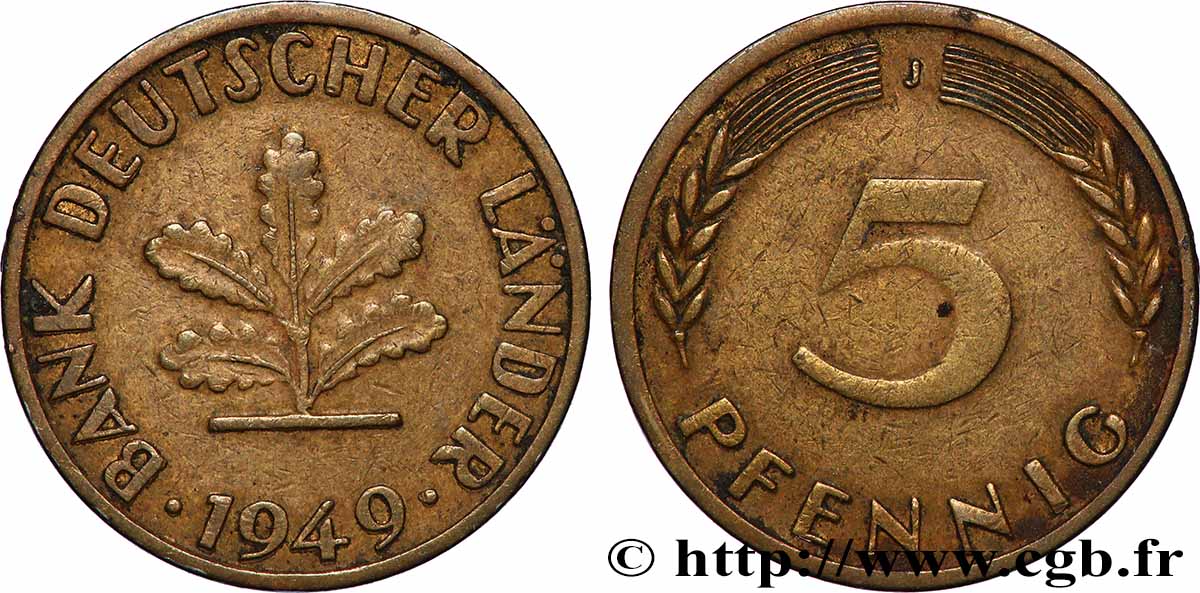 ALLEMAGNE 5 Pfennig “Bank deutscher Länder” 1949 Hambourg - J TTB+