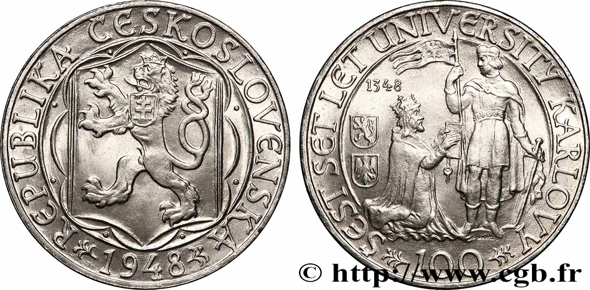 CZECHOSLOVAKIA 100 Korun 600e anniversaire de l’Université Karlovy 1948 Kremnica AU