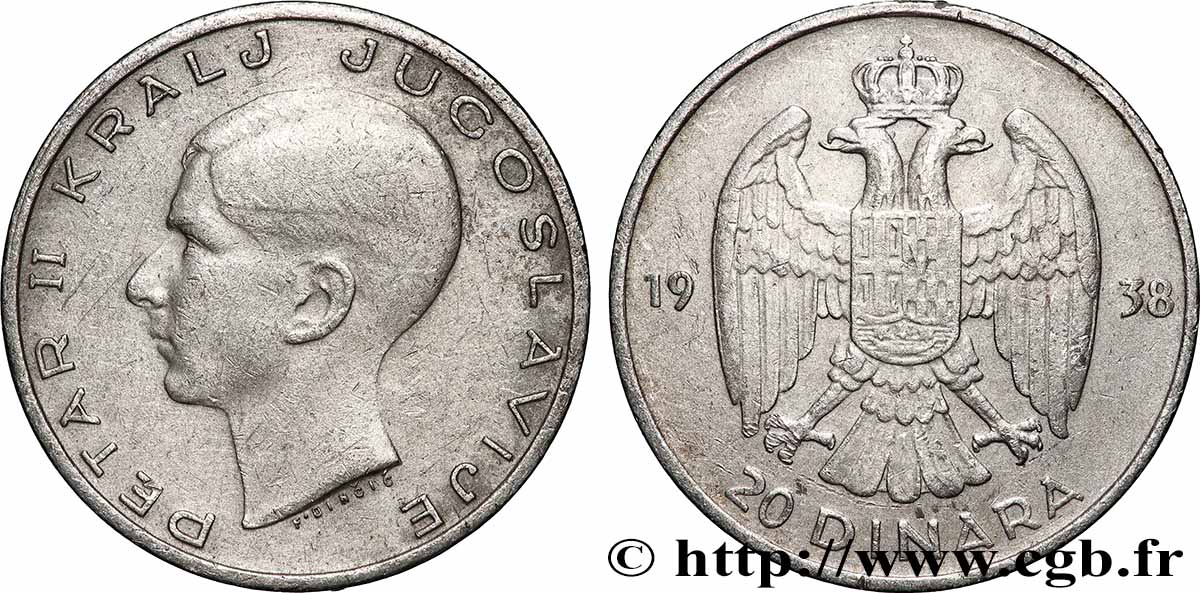 YOUGOSLAVIE 20 Dinara Pierre II 1938 Belgrade TTB