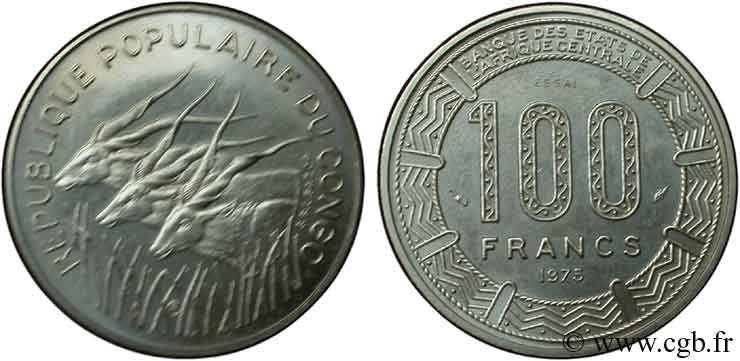 CONGO (RÉPUBLIQUE) Essai de 100 Francs type “BCEAC”, antilopes 1975 Paris SPL 