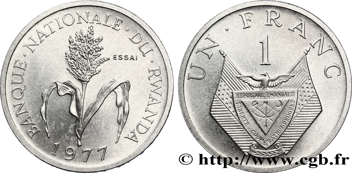 RWANDA Essai de 1 Franc emblème / mil 1977 Paris SPL 