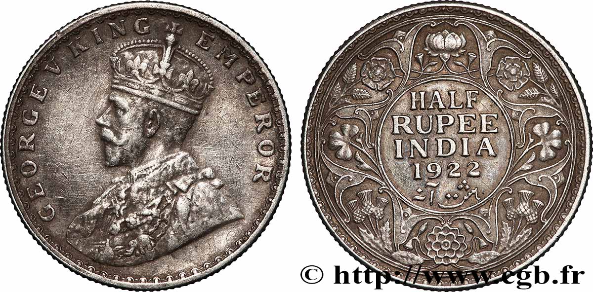 INDIA BRITANNICA 1/2 Rupee (Roupie) Georges V 1922 Bombay BB/q.SPL