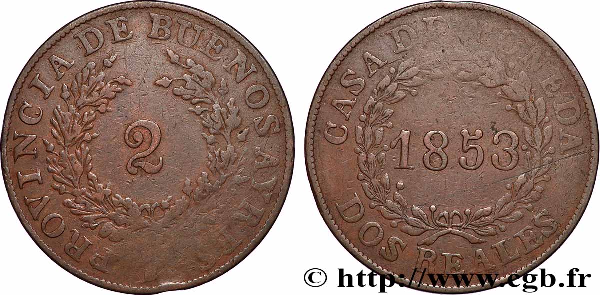 ARGENTINA 2 Reales Buenos Aires 1853 VF