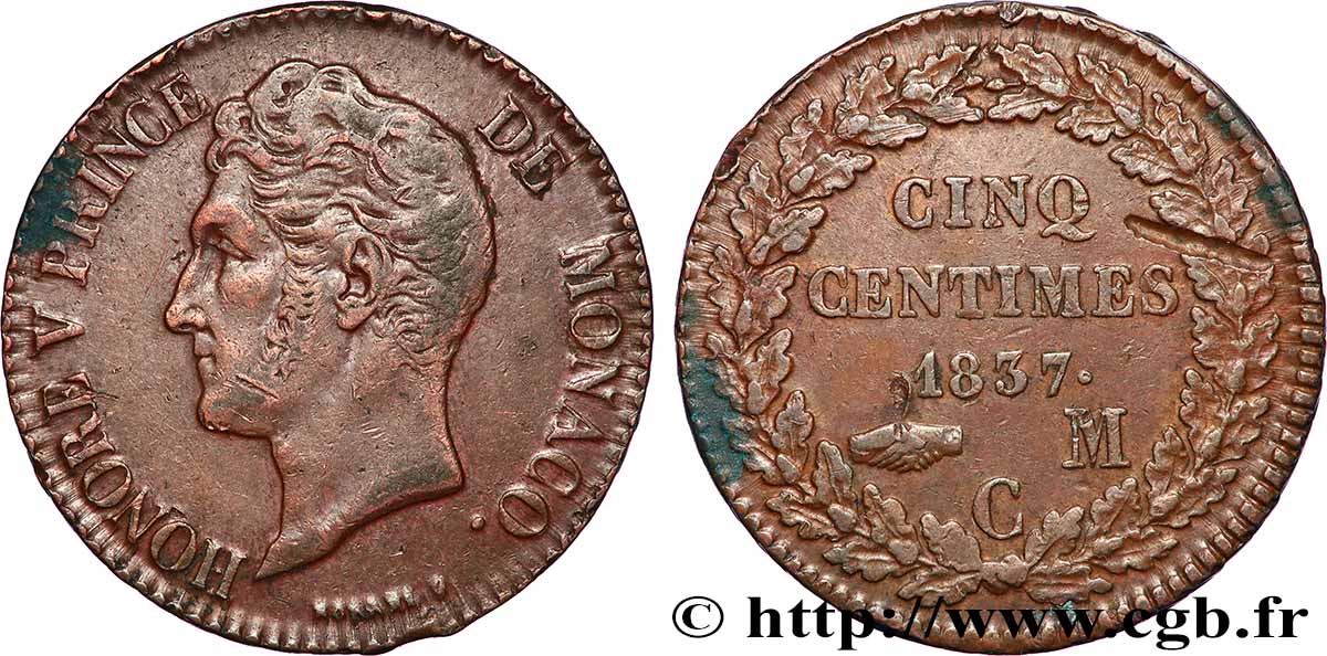 MONACO - HONORÉ V 5 Centimes petite tête en cuivre rouge 1837 Monaco MBC