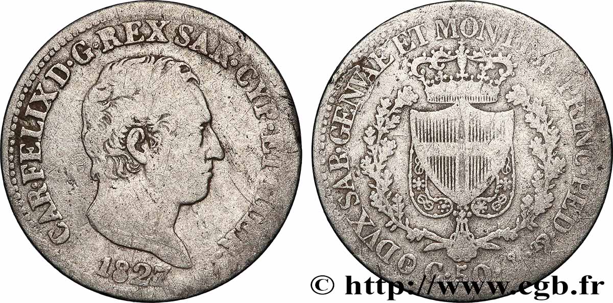 ITALY - KINGDOM OF SARDINIA 50 Centesimi Charles Félix 1827 Gènes VF