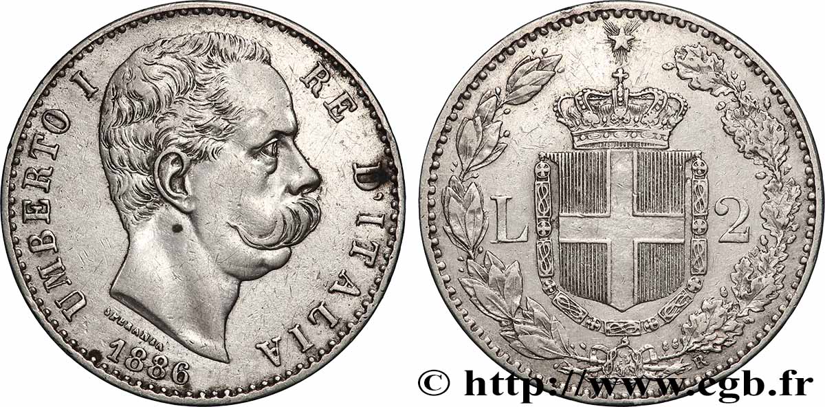 ITALY 2 Lire Humbert Ier 1886 Rome AU