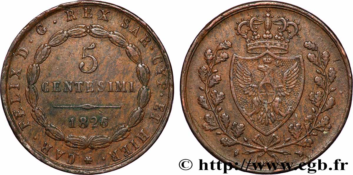 ITALIE - ROYAUME DE SARDAIGNE - CHARLES-FÉLIX 5 Centesimi type au “L” 1826 Turin TTB