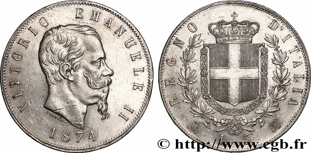 ITALIEN - ITALIEN KÖNIGREICH - VIKTOR EMANUEL II. 5 Lire 1874 Milan VZ