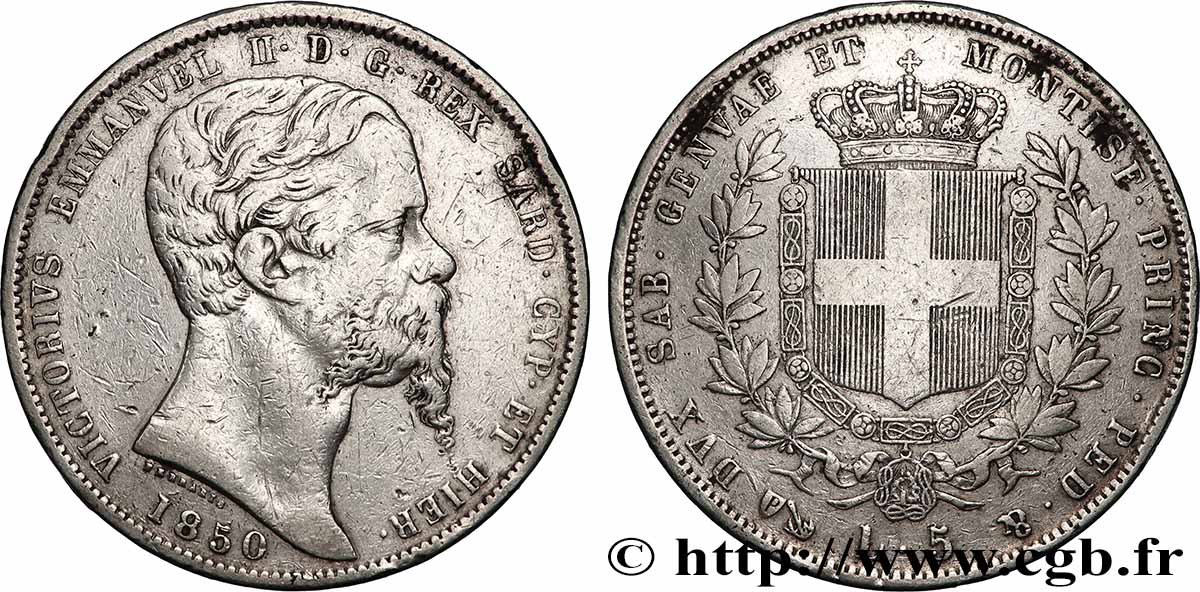 ITALIEN - SARDINIEN KÖNIGREICH - VIKTOR EMMANUEL II. 5 Lire 1850 Gênes fSS