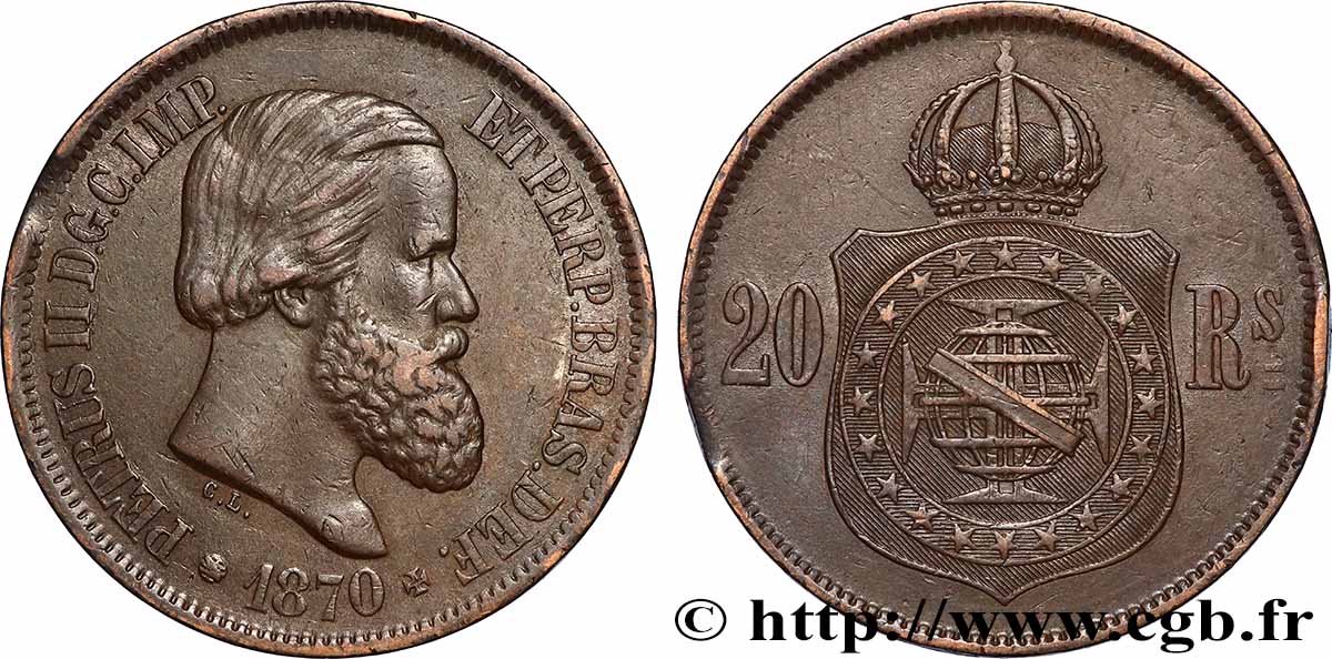 BRASIL 20 Réis Pierre II 1870 MBC