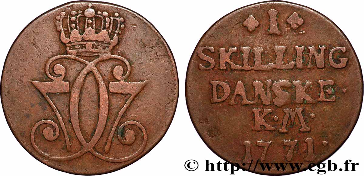 DENMARK 1 Skilling Christian VII 1771 Copenhague VF
