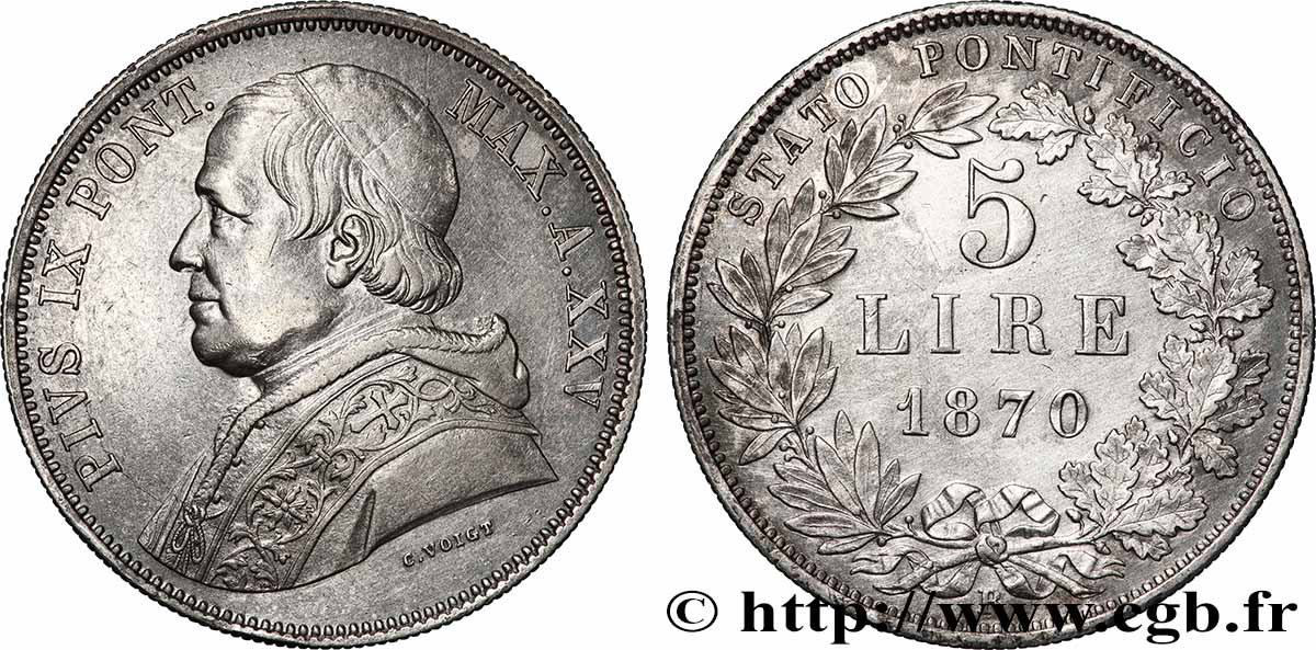VATICAN AND PAPAL STATES 5 Lire Pie IX an XXIV 1870 Rome XF