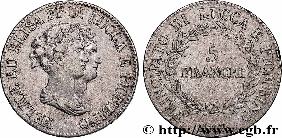 ITALIA - PRINCIPATO DI LUCCA E PIOMBINO - FELICE BACCIOCHI E ELISA BONAPARTE 5 Franchi 1807 Florence BB