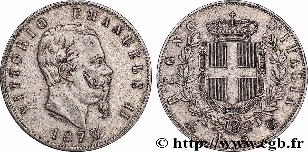 ITALIE 5 Lire Victor Emmanuel II 1873 Milan TTB