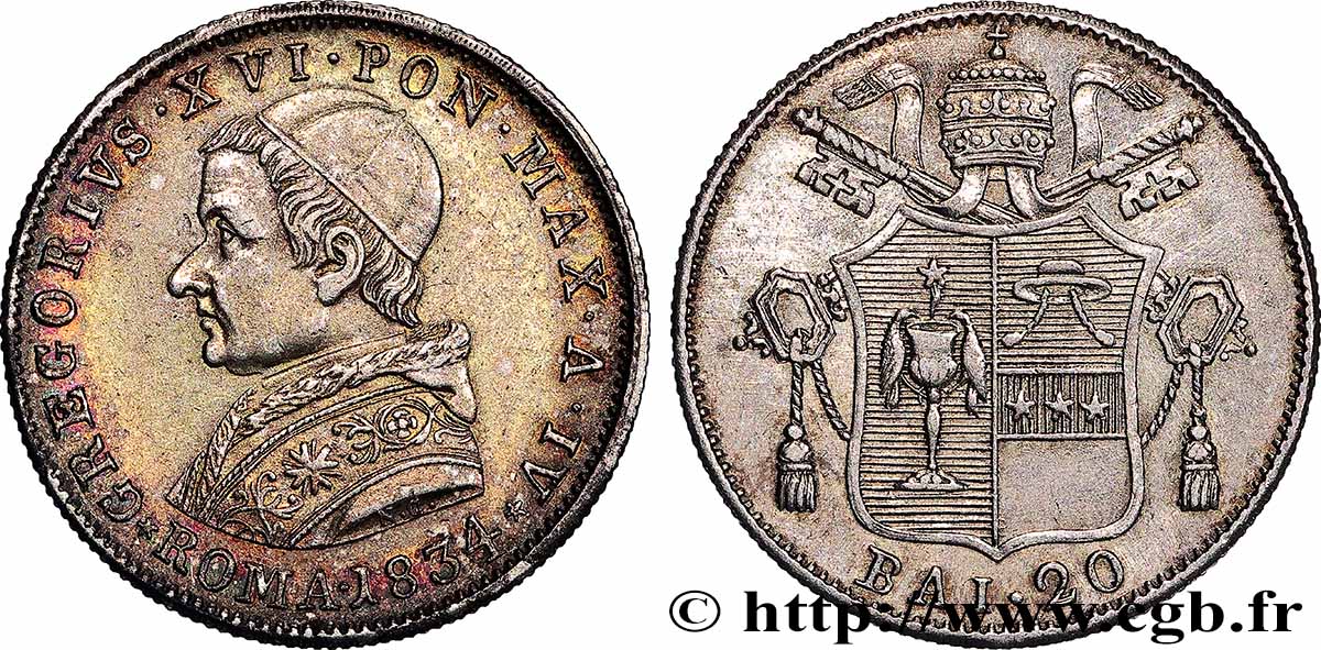 ITALIA - ESTADOS PONTIFICOS - GRÉGOIRE XVI 20 Baiocchi an IV 1834 Rome MBC+