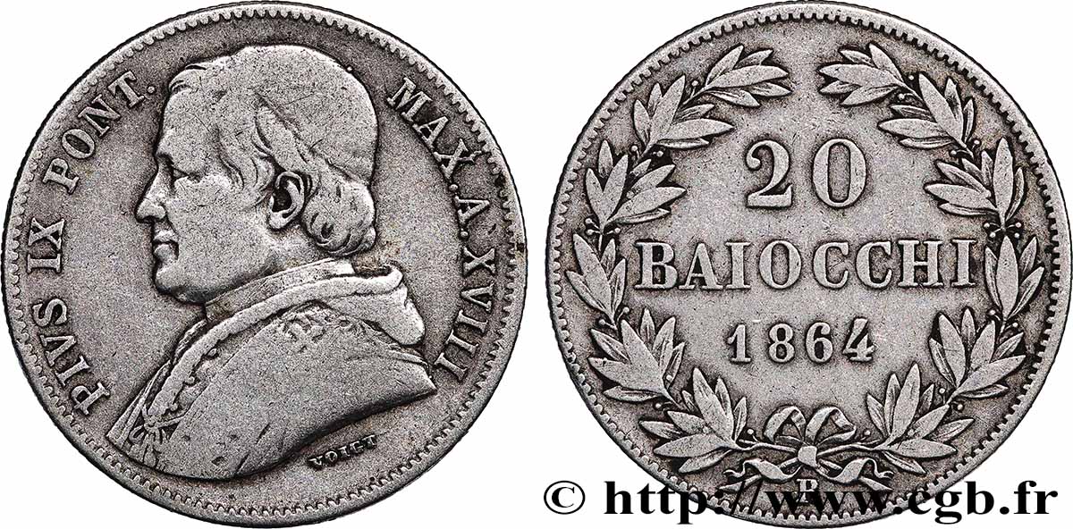 VATICAN AND PAPAL STATES 20 Baiocchi Pie IX an XVIII 1864 Rome VF