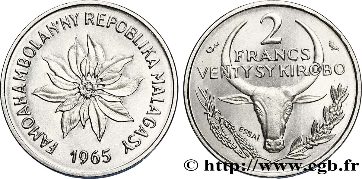 MADAGASCAR Essai de 2 Francs buffle / fleur 1965 Paris SPL 