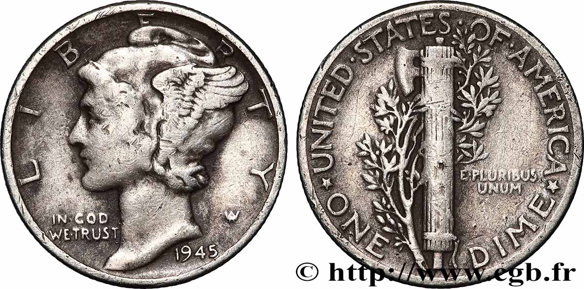 UNITED STATES OF AMERICA 1 Dime Mercury 1945 Philadelphie VF