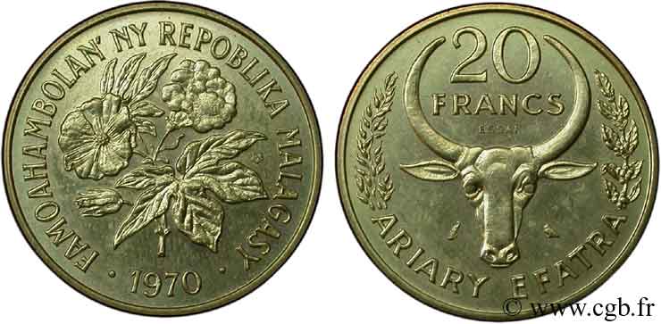 MADAGASCAR Essai 20 Francs - 4 Ariary buffle / fleurs 1970 Paris SPL 