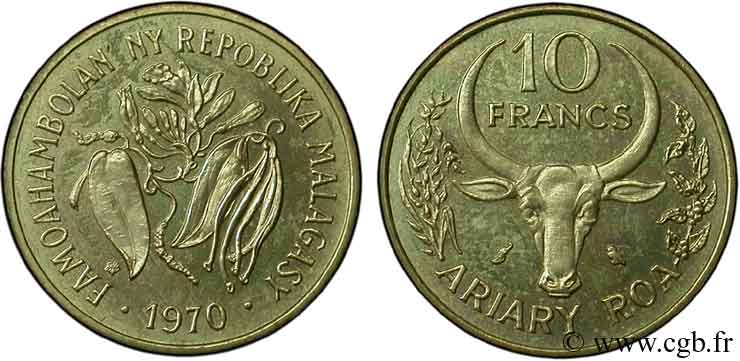MADAGASCAR 10 Francs - 2 Ariary buffle / fèves 1970 Paris SUP 