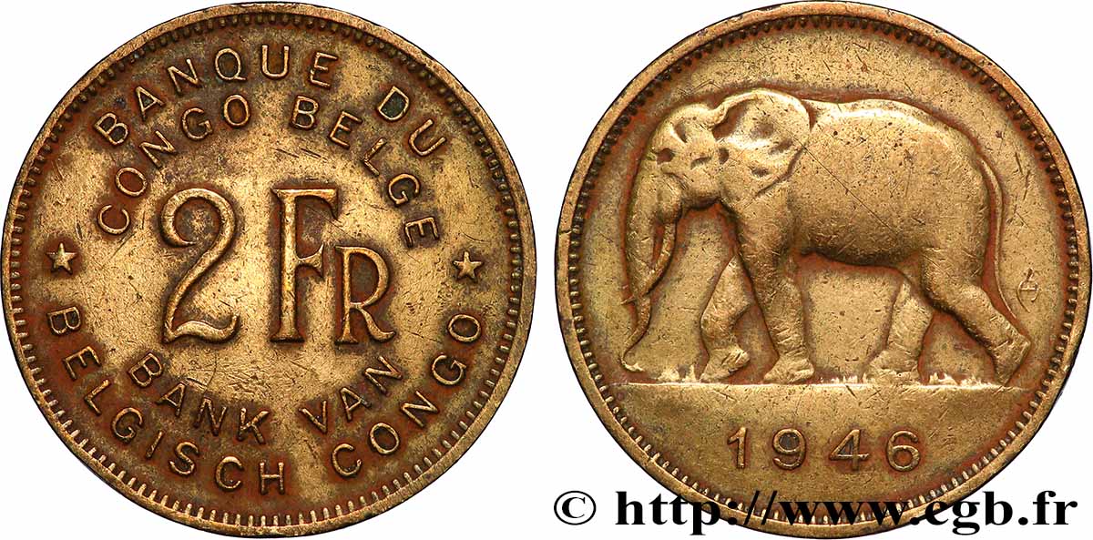 BELGIAN CONGO 2 Francs éléphant 1946 Bruxelles XF