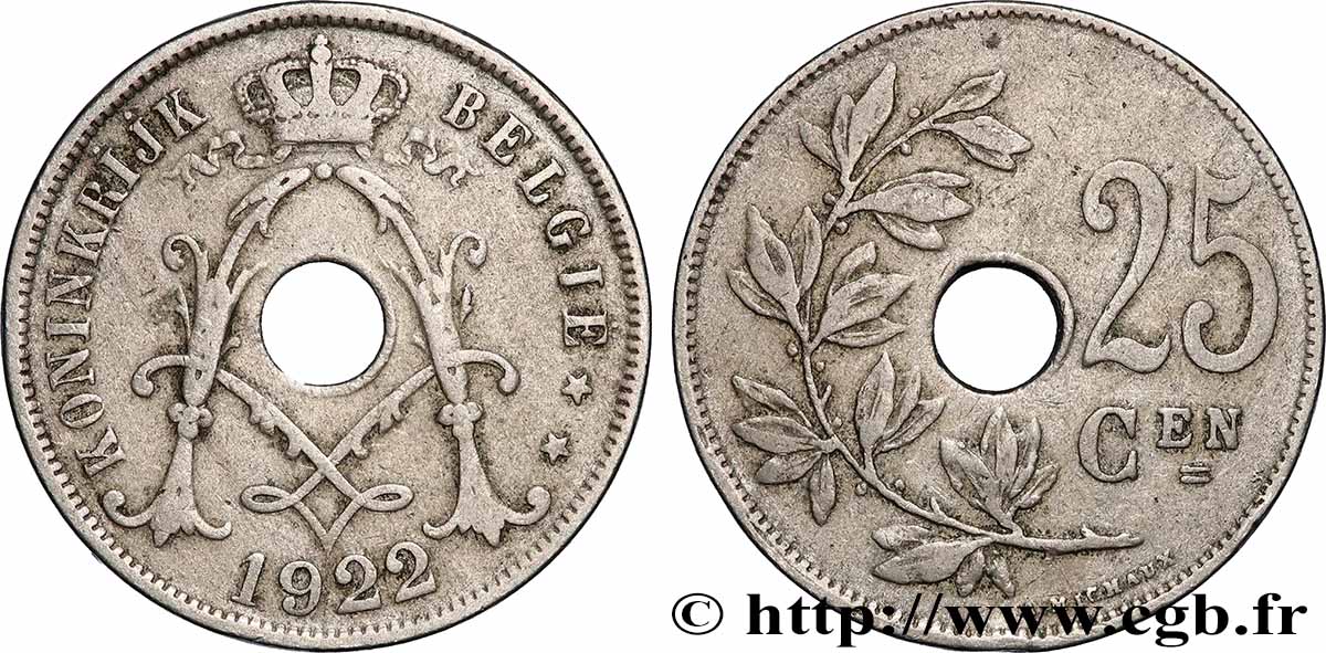 BELGIQUE 25 Centiemen (Centimes) Albert Ier 1922 Bruxelles TTB