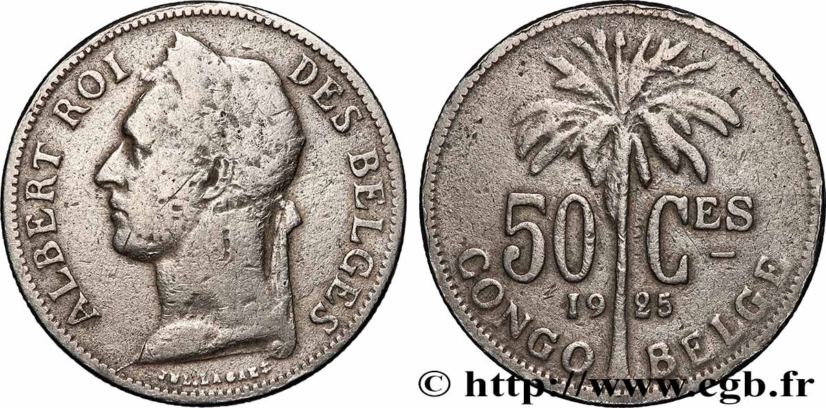 CONGO BELGE 50 Centimes Albert légende française 1925 Bruxelles TB