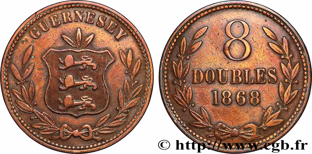 GUERNSEY 8 Doubles armes du baillage de Guernesey 1868 Heaton VF