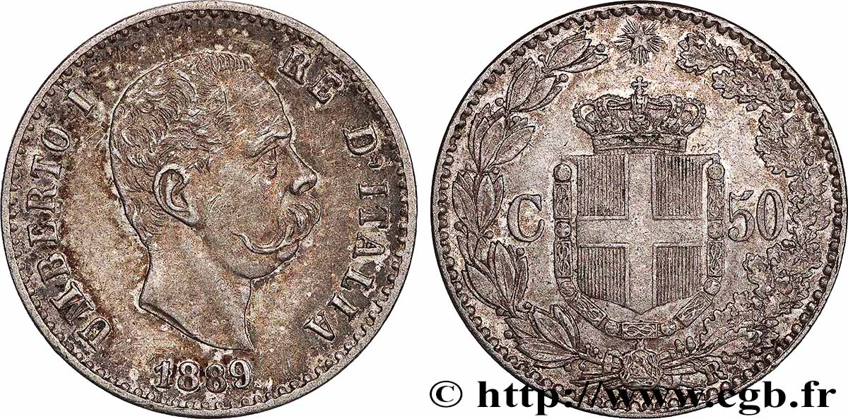 ITALIE - ROYAUME D ITALIE - HUMBERT Ier 50 Centesimi 1889 Rome VZ