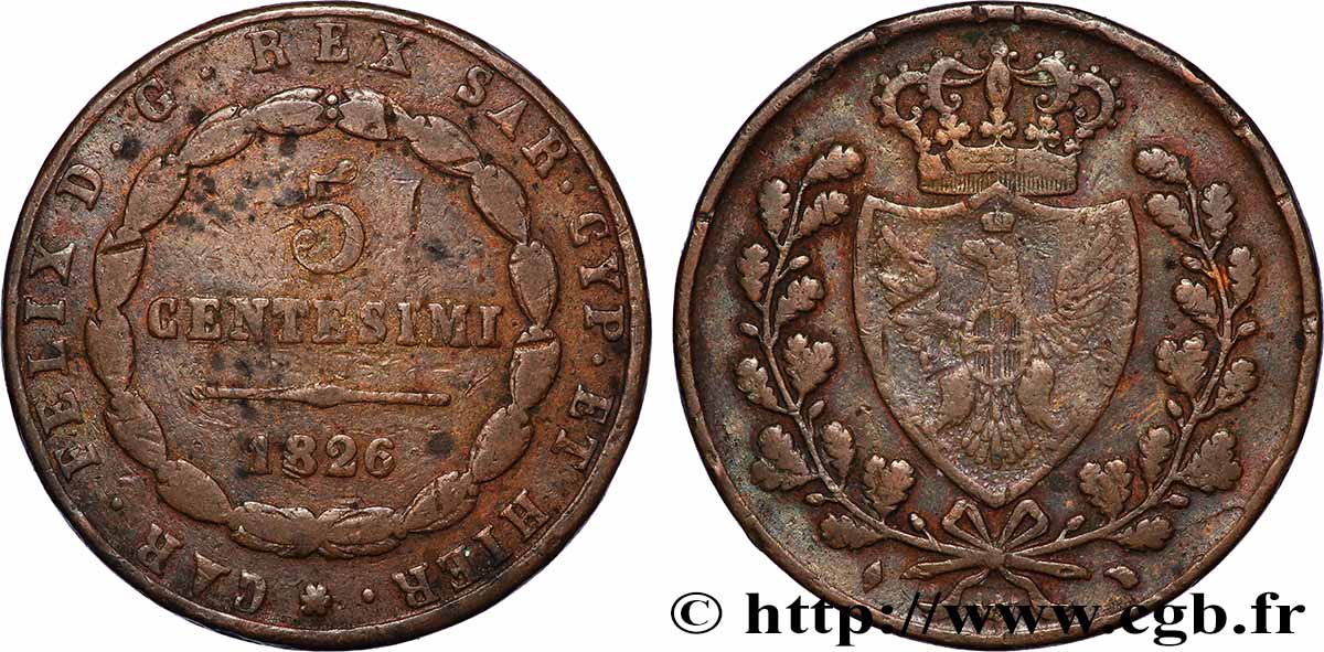 ITALIA - REINO DE CERDEÑA - CARLO FÉLIX 5 Centesimi type au “L” 1826 Turin BC+