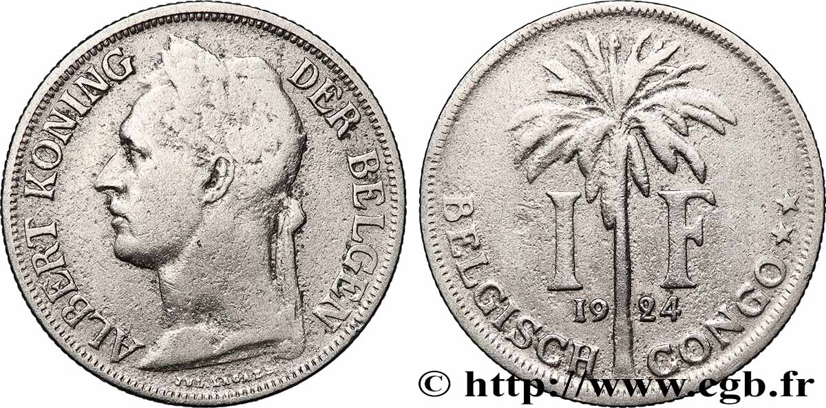 CONGO BELGE 1 Franc roi Albert légende flamande 1924 Bruxelles TB