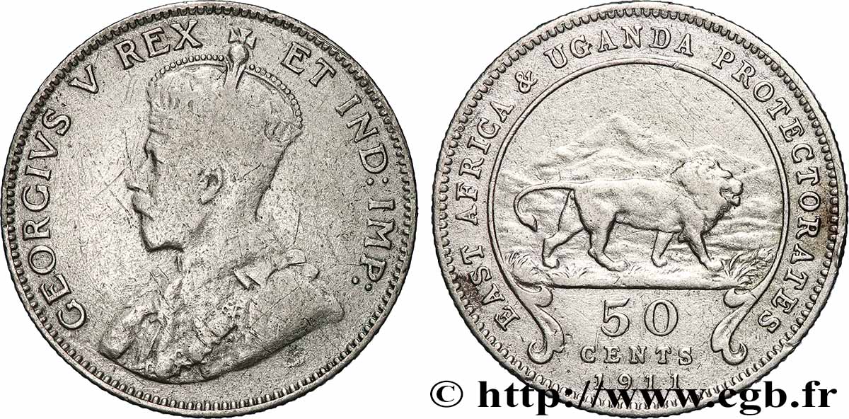 AFRICA DI L EST BRITANNICA E UGANDA - PROTETTORATI 50 Cents Georges V 1911 British Royal Mint MB