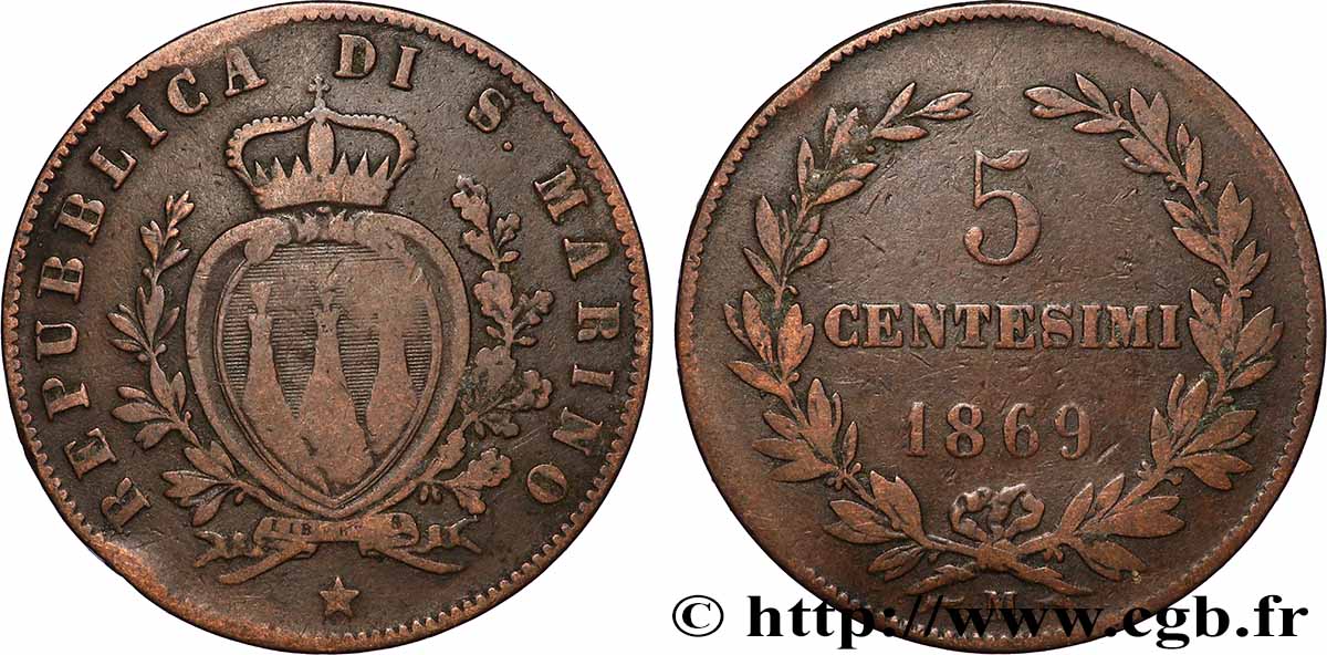 SAINT-MARIN 5 Centesimi écu aux trois tours 1869 Milan TB+